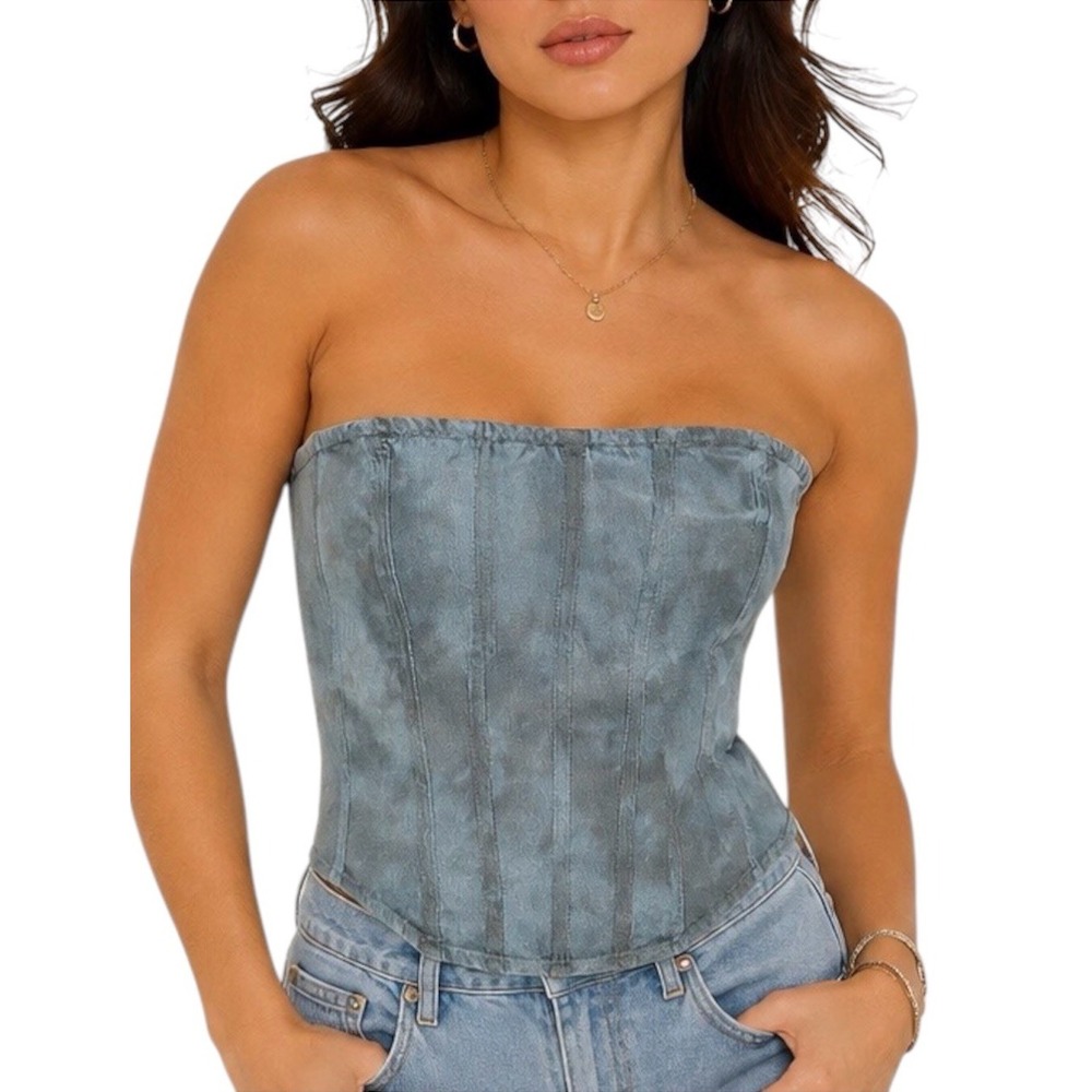 PrettyLittleThing Blue Denim Corset Top Strapless Boned Bustier Sz US 10 Y2K NWT